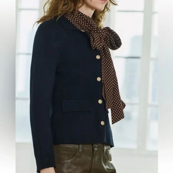 Navy Blue Gold-Button Collared Heavy Knit Blazer Jacket Cardigan Sweater (NWT) - Picture 5 of 7